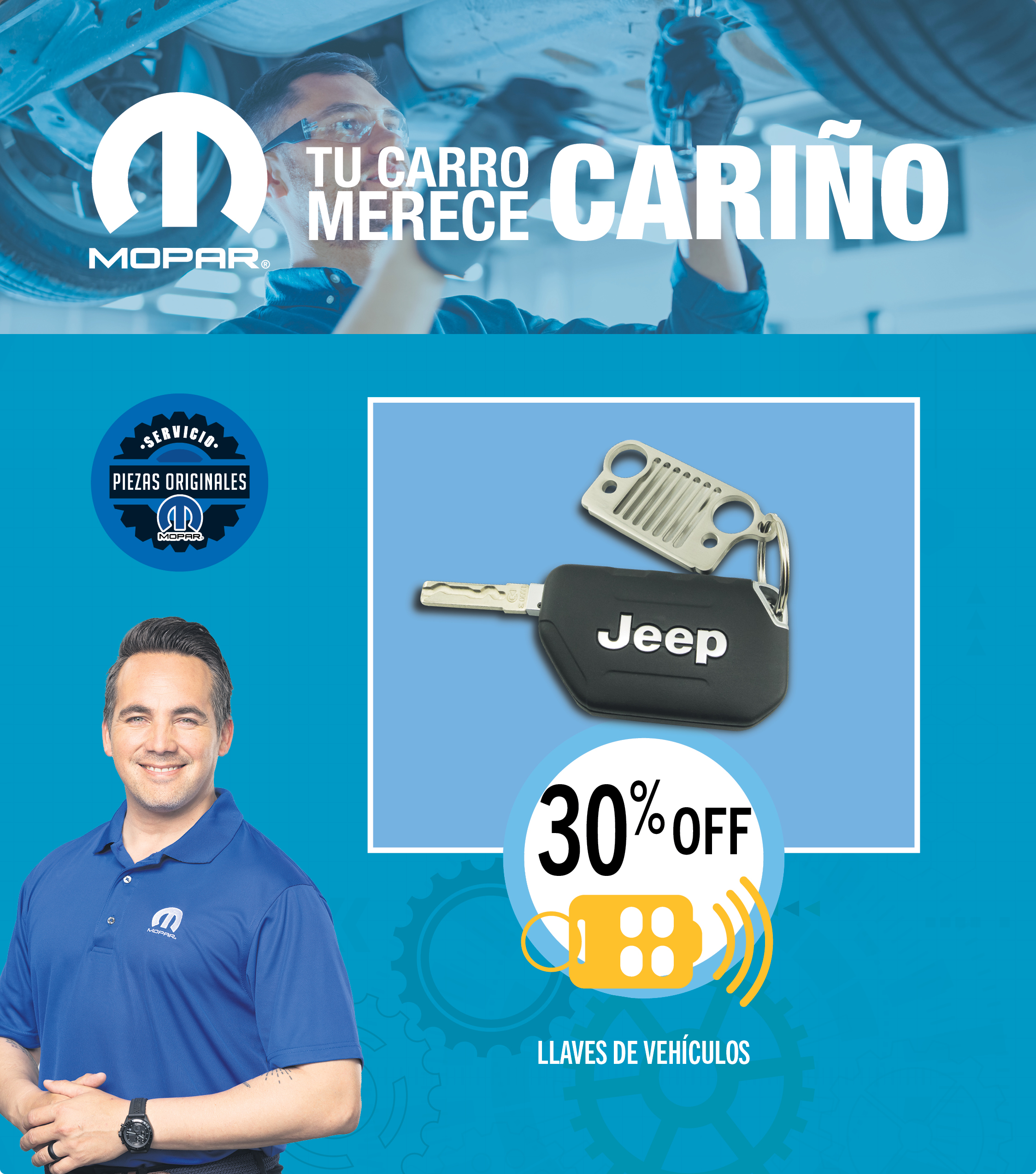 Tecnico de Mopar usando una camisa con el logo de Mopar. Ofertas especiales, air deflector.