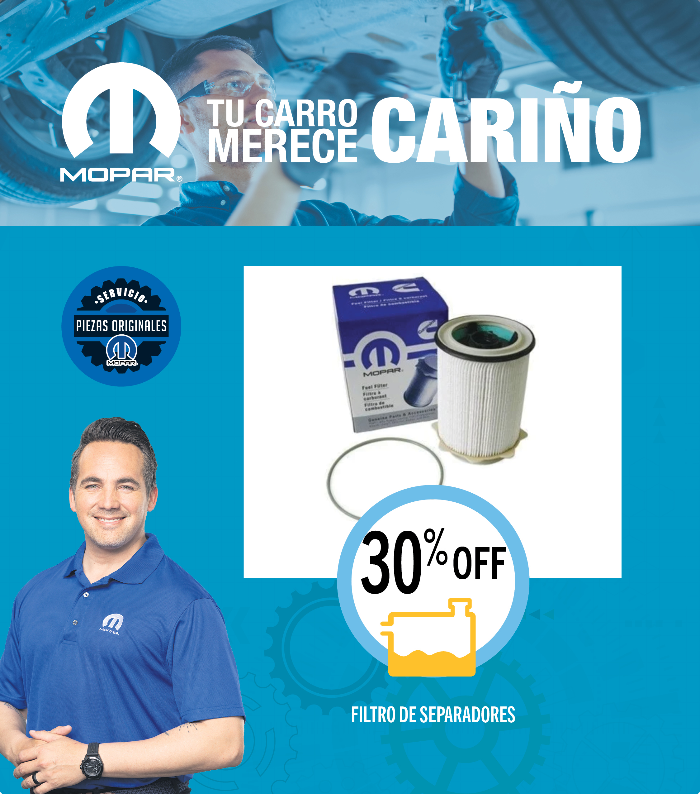 Tecnico de Mopar usando una camisa con el logo de Mopar. Ofertas especiales, wheel locks.