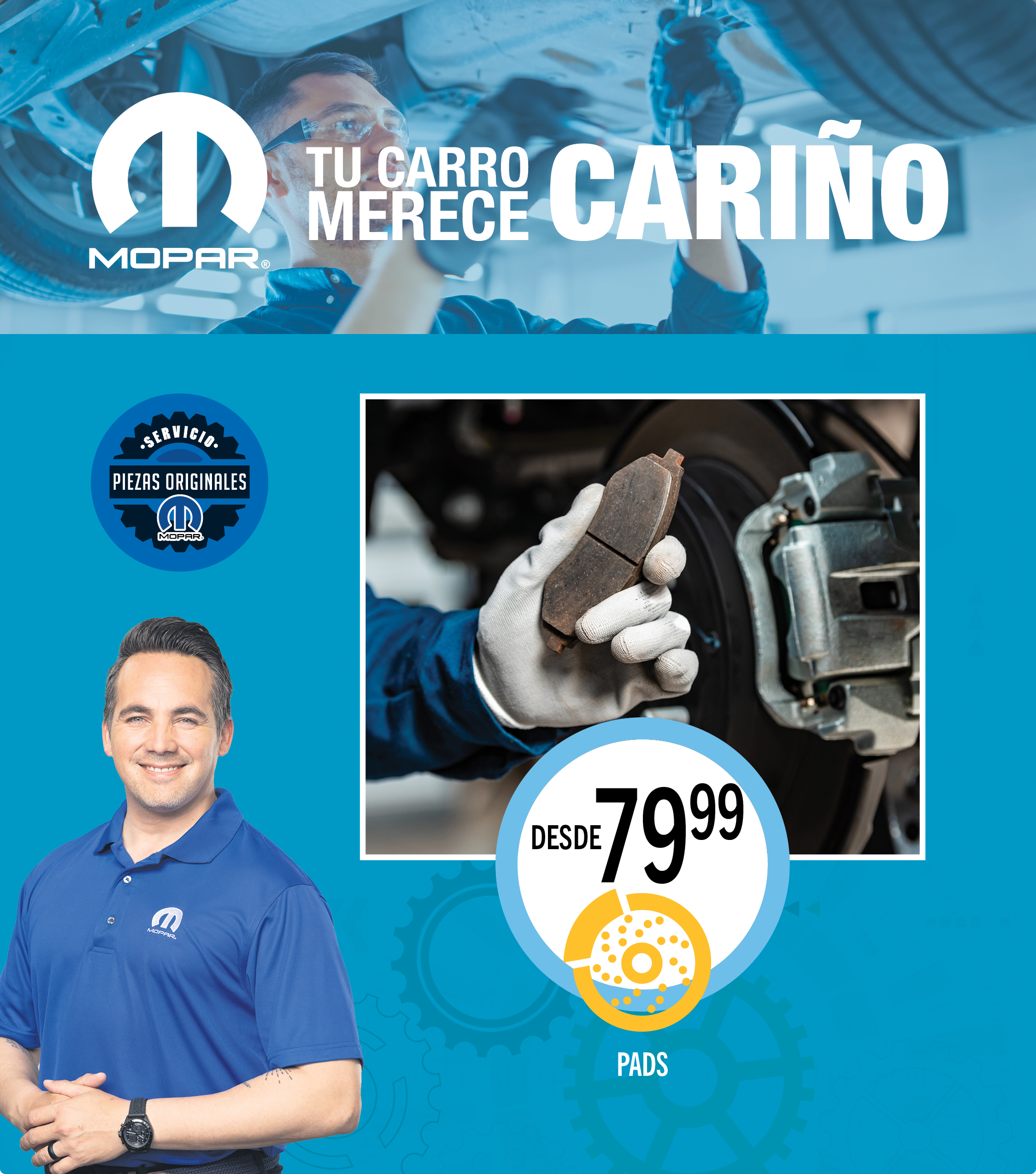 Tecnico de Mopar usando una camisa con el logo de Mopar. Ofertas especiales, filtro de cabina.