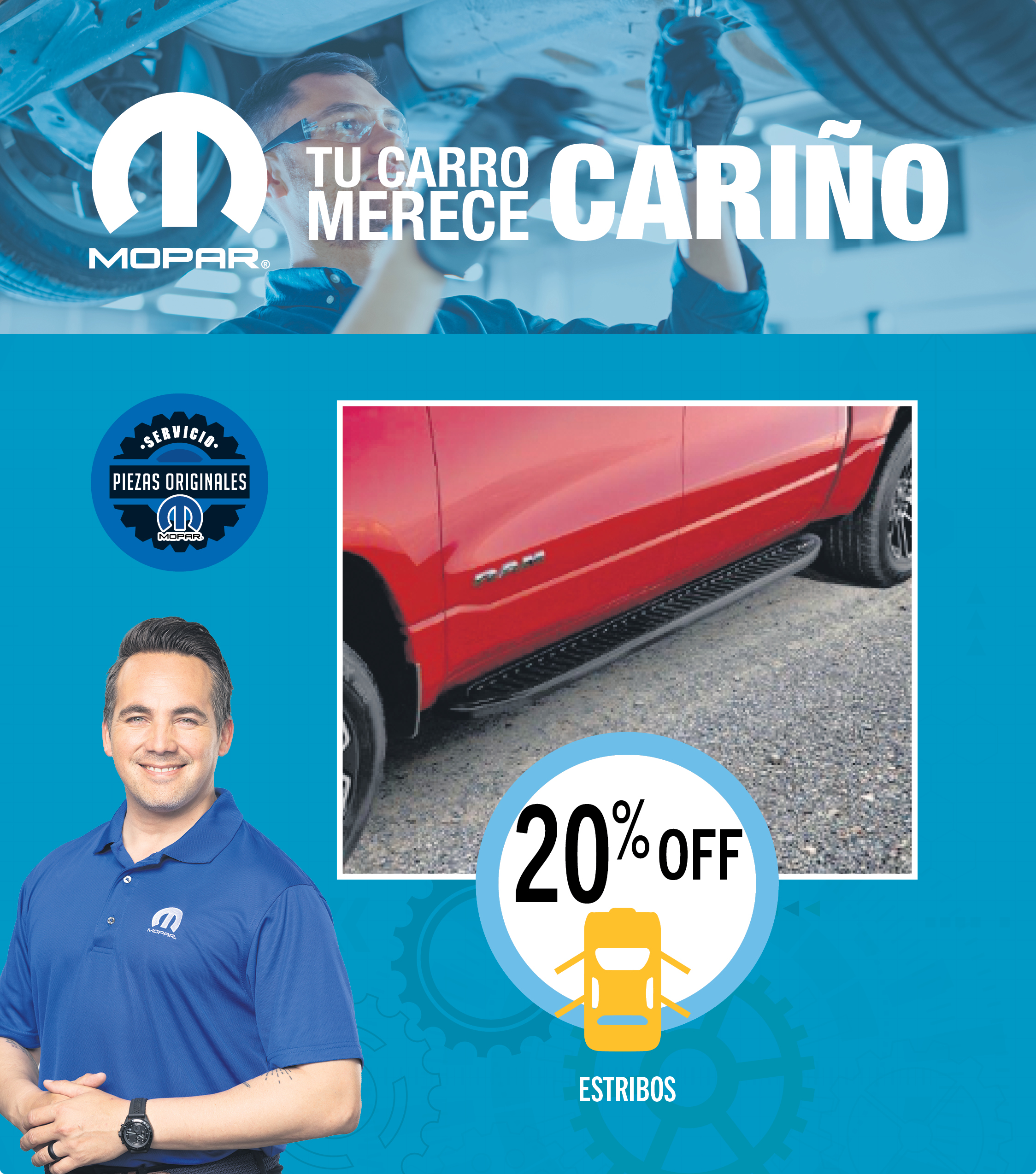 Tecnico de Mopar usando una camisa con el logo de Mopar. Ofertas especiales, all weather.