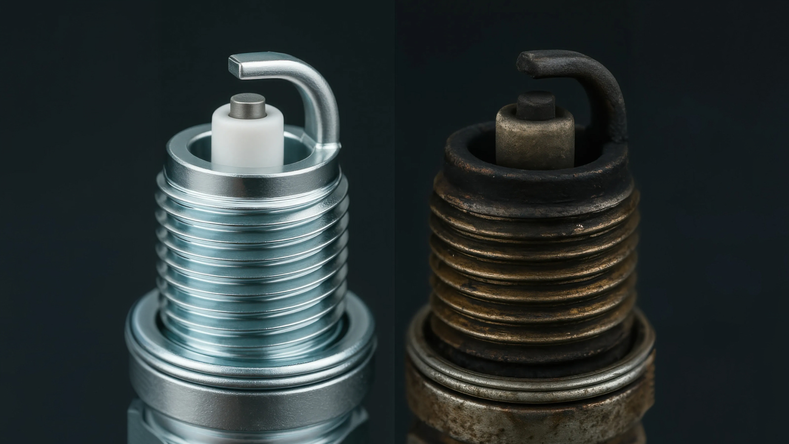 Clean new and dirty old used spark plug comparison