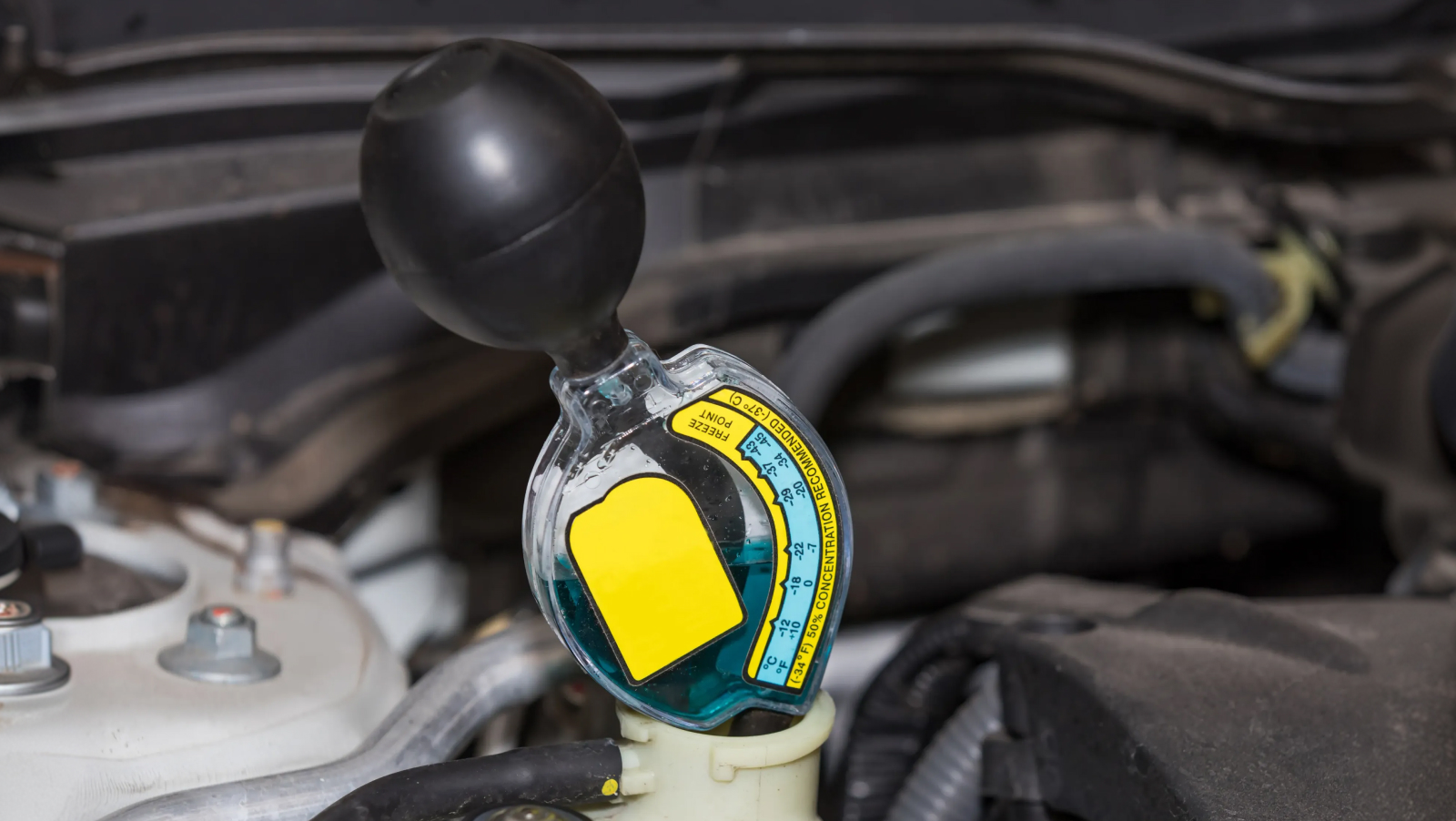Pointer-type hydrometer inserted into the coolant overflow reservoir