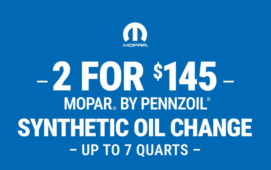 2 Mopar® by Pennzoil® Synthetic Oil Changes for $145* – up to 7 qts
