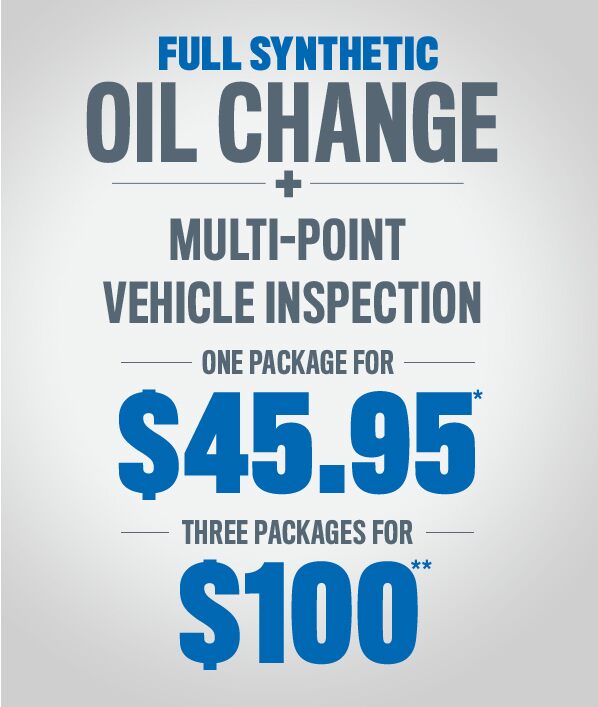 Full Synthetic Oil Change + Multi-point Vehicle Inspection one package for $45.95 three packages for $100