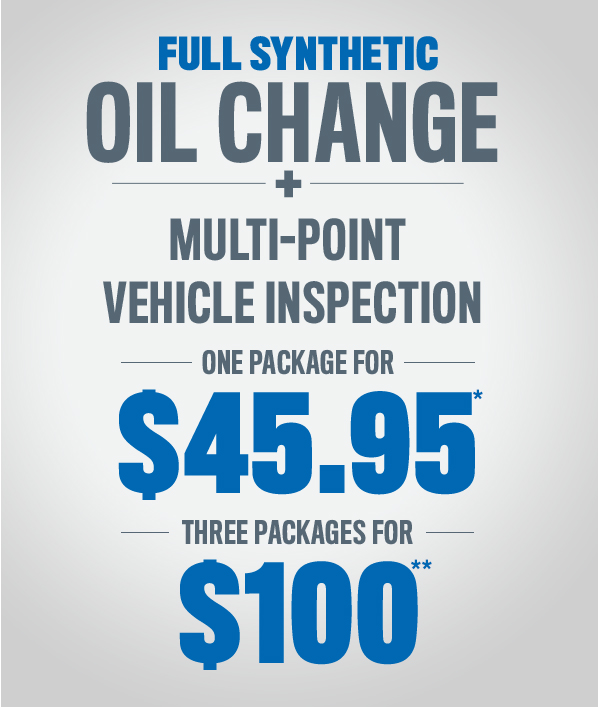 Full Synthetic Oil Change + Multi-point Vehicle Inspection one package for $45.95 three packages for $100