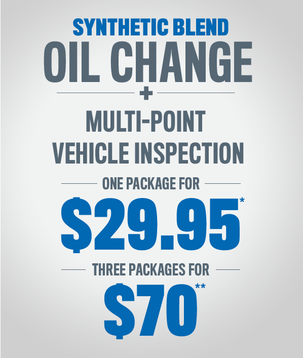 Synthetic Blend Oil Change + Multi-point Vehicle Inspection one package for $29.95 three packages for $70