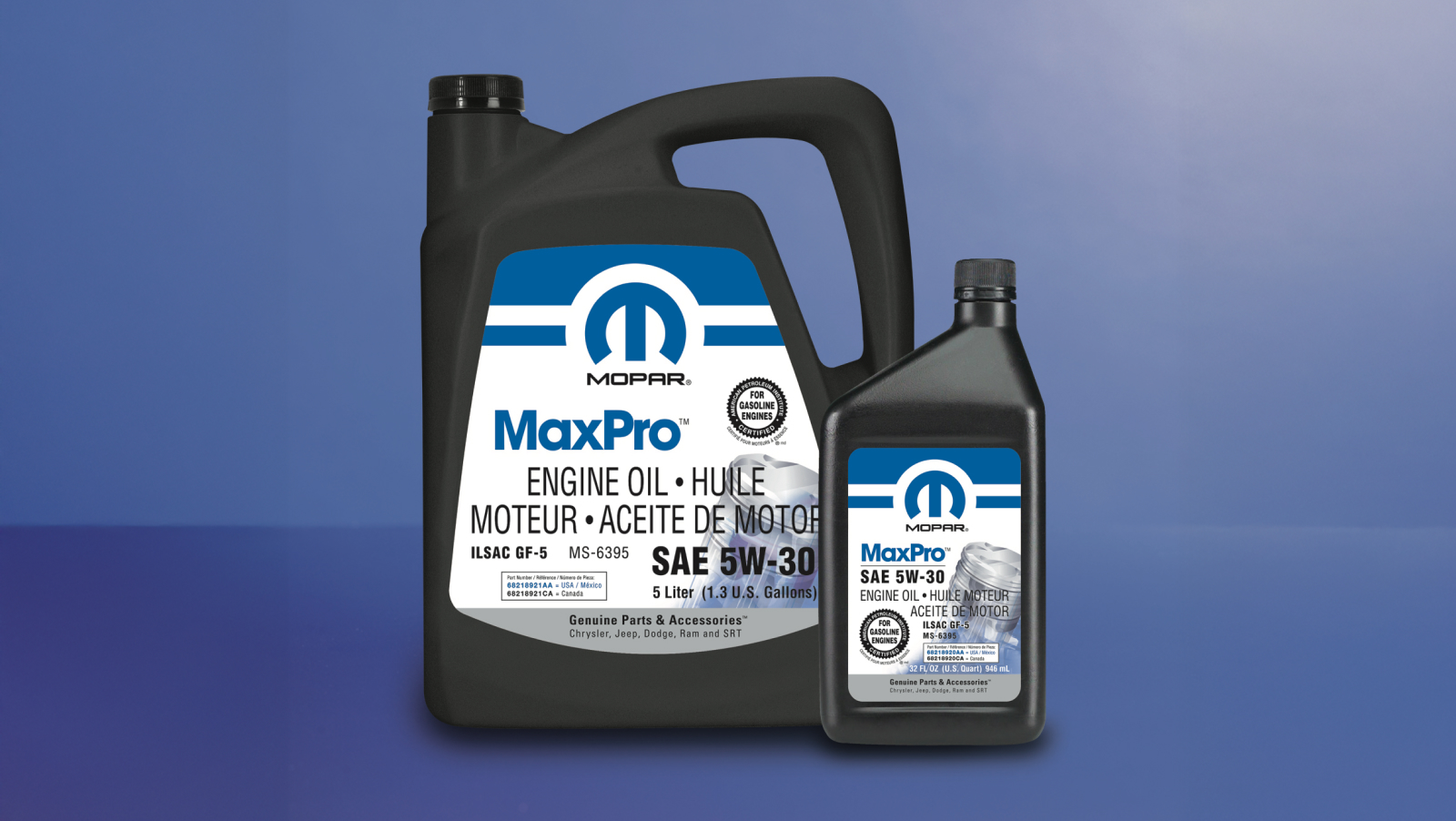 Aceite del motor Mopar MaxPro 5W-30 en contenedores de 5 litros y 1 cuarto