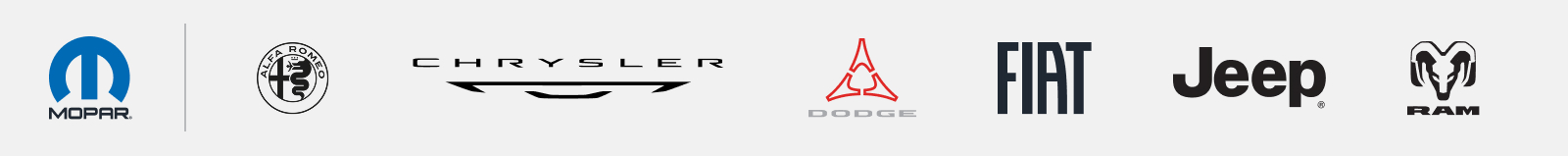 Logotipo agrupado de Mopar que incluye los logotipos de Alfa Romeo, Chrysler, Dodge, Fiat, Jeep y Ram