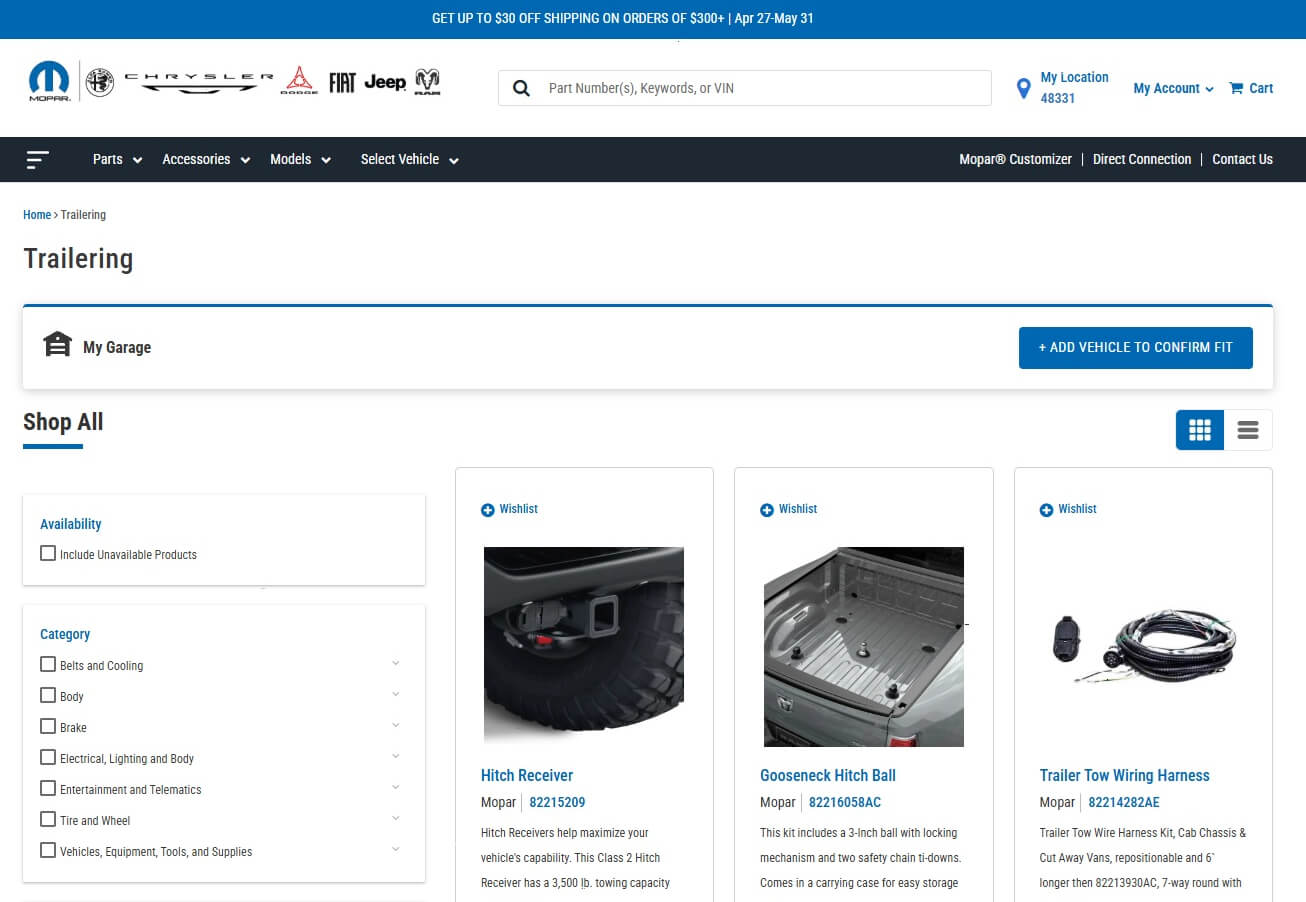 Página de remolque del sitio web de la tienda Mopar